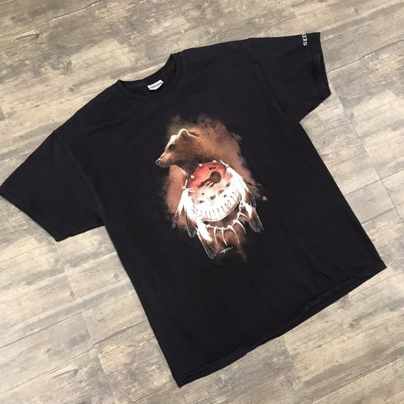 Menchego Bear Spirit Native American Graphic‎ Black T-Shirt Men Size XL y2K - Picture 1 of 8